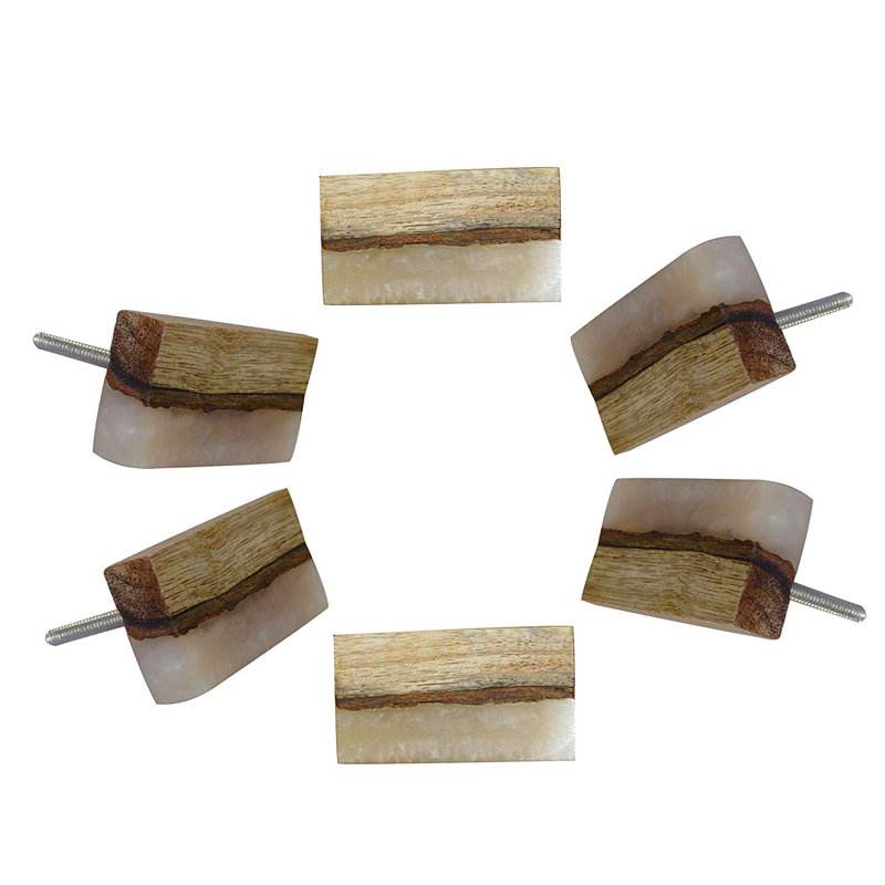 Set of 6 Tan and Dark Brown Wood Rectangular Knobs with Marble