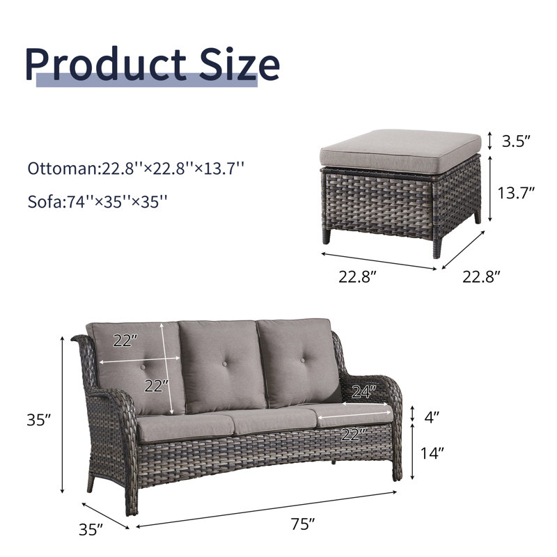 Bonia 72.44'' Wide Straight Patio Sofa with Cushions, Gray Frame/Gray Cushion