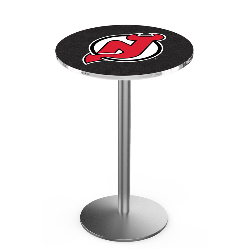 NHL Round Metal Base Dining Table, New Jersey Devils, Stainless Steel