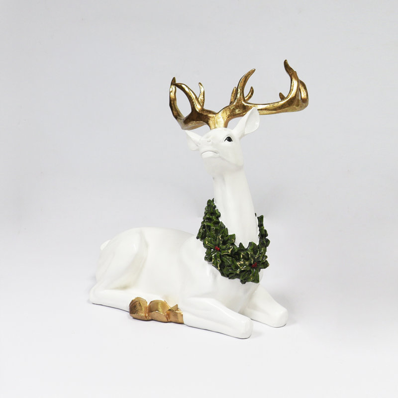 Renne doré assis avec couronne 12,2 po - Décoration de Noël - Polyrésine de résine peinte à la main, Assis