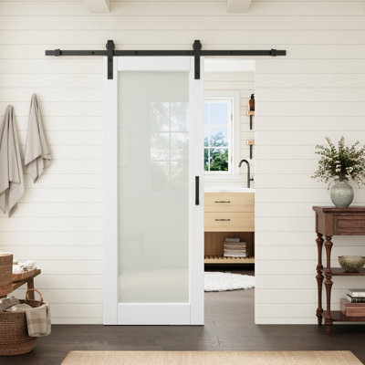 Porte vitrée pleine hauteur 30 po x 80 po avec quincaillerie noire de style grange, idéale pour un garde-manger ou une chambre.