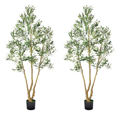 2 Pack 7FT Artificial Olive Tree with Black Planter, Tall Faux Olive Plant for Living Room Corner, Potted Tree for Home Office Decor, Lifelike Rubber Silk Leaves with Adjustable Branches, No Maintenance Floor Greenery