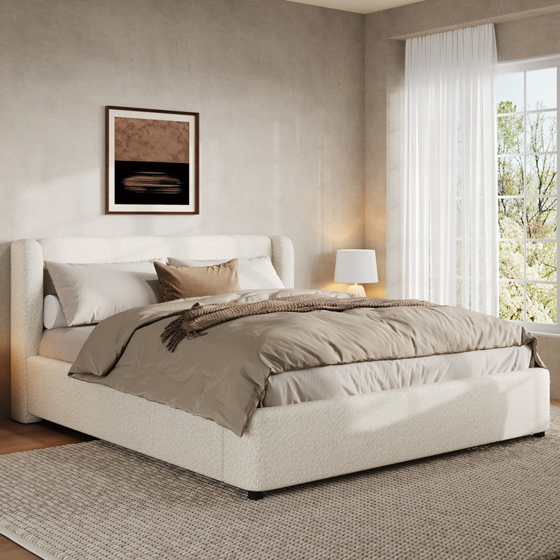 Sorevik Modern Minimalist Boucle Upholstered Wingback Platform Bed with Thick Padded Headboard, Queen