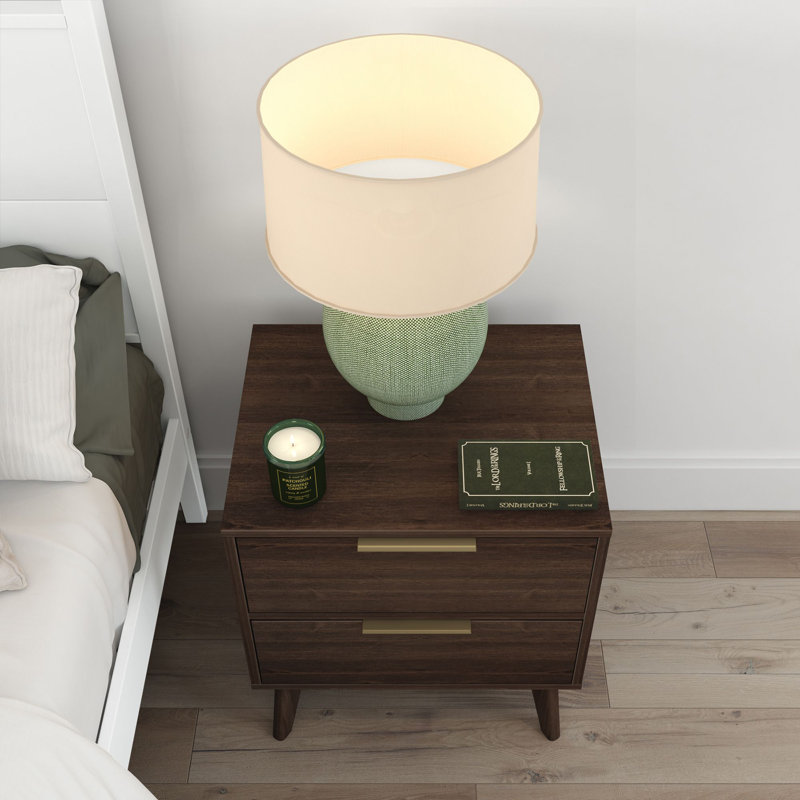 Haven 2 Drawer Nightstand, Walnut with Brass Handle, Walnut/Gold