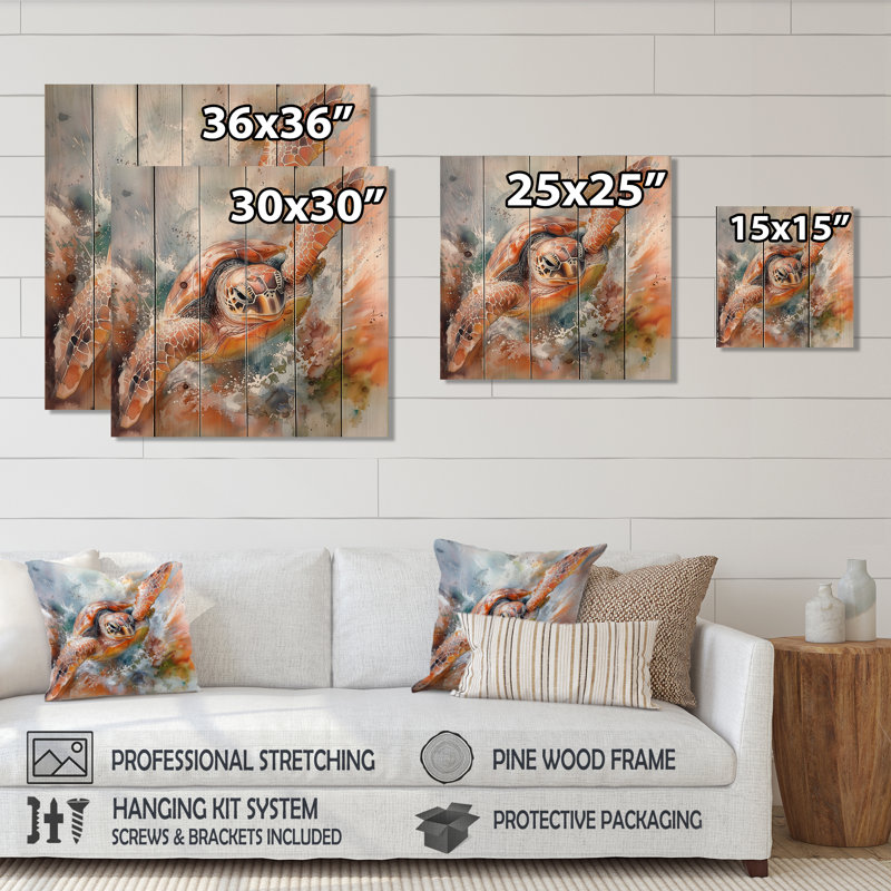 Océan Turtle Journey II - Art mural moderne en bois sur bois de pin naturel, H 25 po x l 25 po