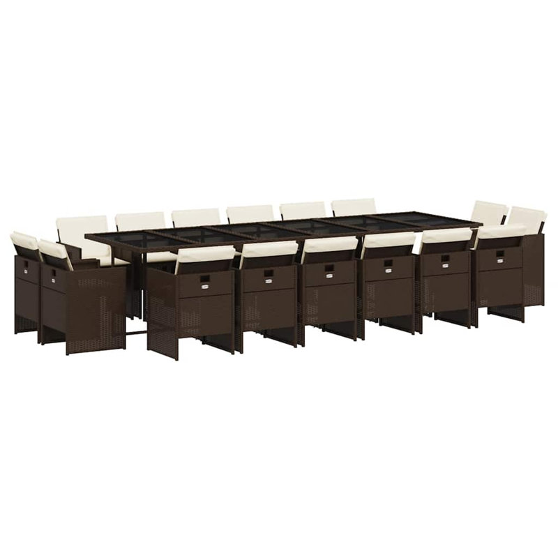 Patio Dining Set Table,, 17 Pieces: Table, 16 Chairs, Brown Cushion/Cream White Frame