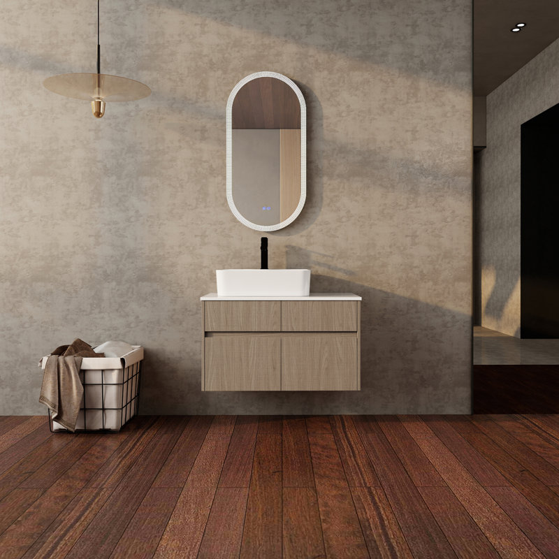 Meuble-lavabo mural 32 po avec lavabo en céramique et panneau plat en PVC, 2 portes à fermeture douce et 1 tiroir, emballage KD, panneau de particules