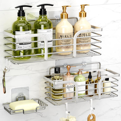 Serviteur de douche, organisateur de douche avec porte-savon et crochets, argent