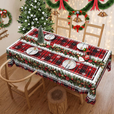 1pc round/rectangular polyester tablecloth, Christmas tablecloth with pine, snowman, truck, embosed edge, Christmas decorations for dining table, festival party holiday table decoration, perfect festival gift