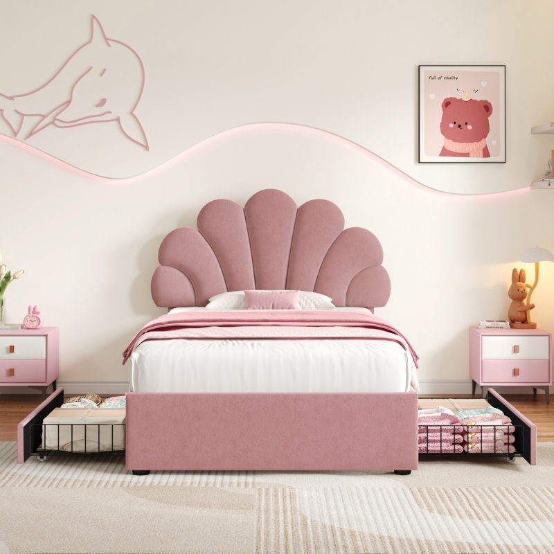 Velvet 3FT Single Petal Bed with Adjustable Headboard, 2 Storage Drawers, Solid Wood Slats, No Box Spring Needed, Easy Assembly