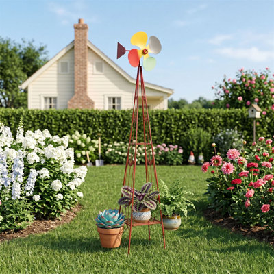 Treillis de jardin rouge en métal avec 2 rangées de plantes, obélisque de moulin multicolore de 75 po de hauteur, support décoratif pour plantes grimpantes et fleurs