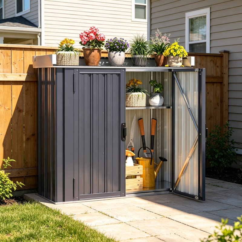 Armoire de rangement extérieure en métal étanche avec plancher et étagères réglables pour terrasse de jardin