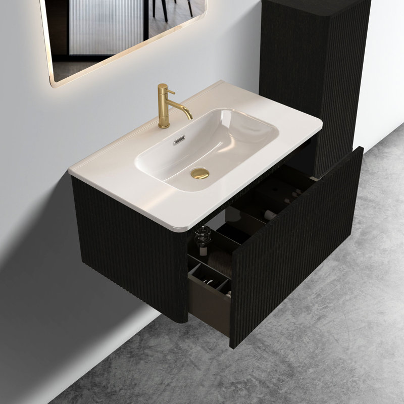 Meuble-lavabo mural Quandro 30 po - Chêne naturel rayé avec lavabo en céramique blanc Fixation de coins flottants sécurisés et commodes