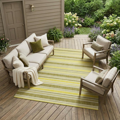 Tapis extérieur lavable antidérapant à rayures jaunes et grises 10 pi x 14 pi kaki
