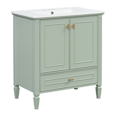[Vidéo] Meuble-lavabo de 30 po avec lavabo, meuble-lavabo autoportant avec 1 tiroir et 2 portes à fermeture en douceur avec rangement pour porte, structure et pieds en bois massif, un paquet, vert