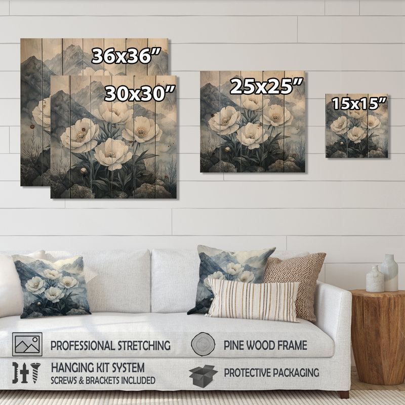 Peonies In The Misty Mountains II - Peonies Wood Wall Art - On Natural Pine Wood, 30" H x 30" W x 0.78" D