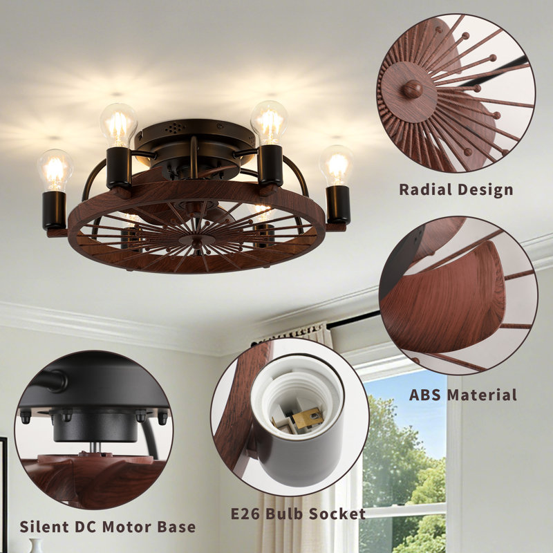 20.5" 6-Light Walnut Brown Wood Flush Mount Ceiling Fan Light with 6-Speed Remote Control, Reversible DC Motor, Timer