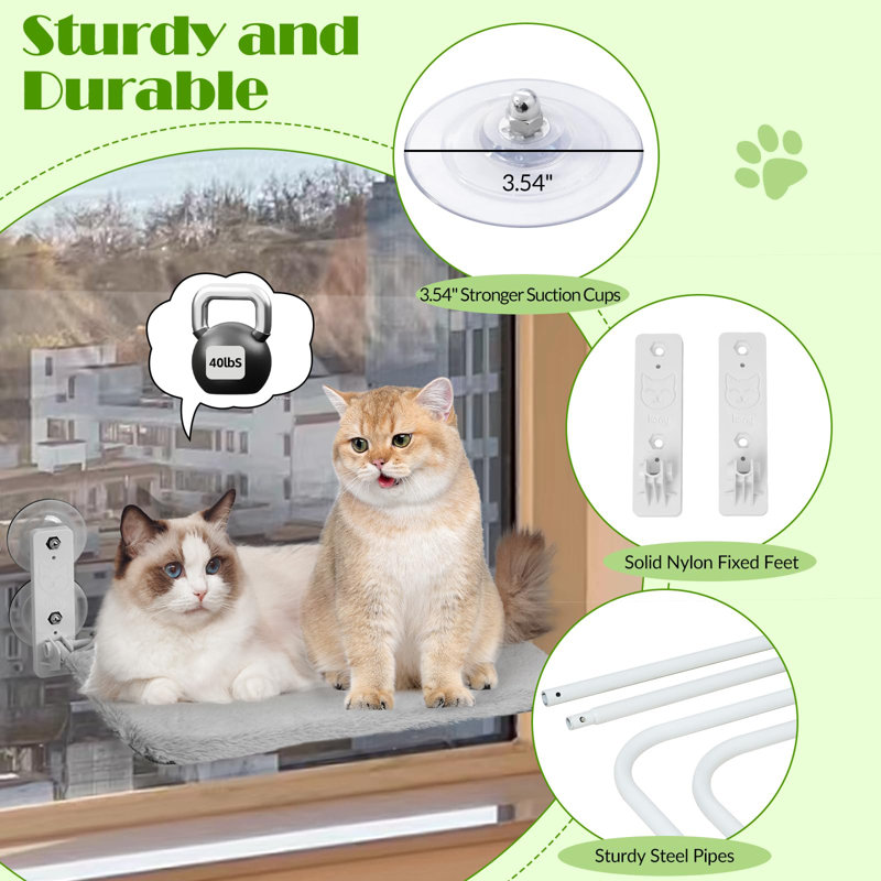 Cordless Cat Window Perch, Foldable Cat Window Hammock With 4 Suction Cups, Reversible Cover With Two Different Kinds Of Fabrics, Solid Metal Frame Cat Window Bed For Cats Inside, Grey