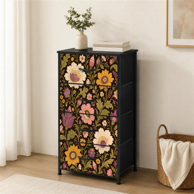 4-Drawer Dresser for Bedroom Vintage Floral Yellow Pink Purple Flowers Dark Small Tall Clothes Dresser for Closet Organizers with Chest of Drawers Fabric Storage Bins Dressers
