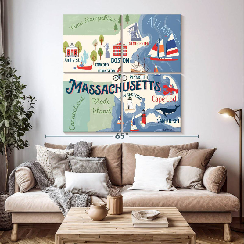 Cartes de l'État d'Aliaz - Attraits du Massachusetts, H 50 po x l 50 po