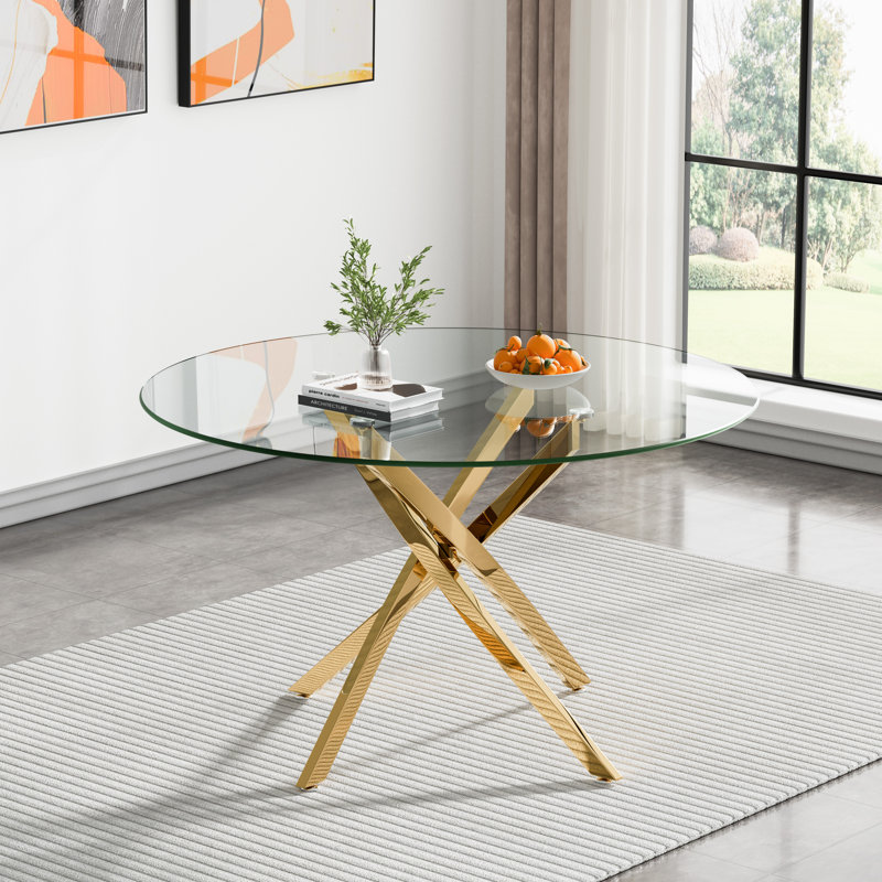 Modern 47" Round Dining Table for 4 6 People, Glass Kitchen Dining Room Table with Metal Cross Legs, Space Saving Circle Dinner Tables for Dining Room, Kitchen, Living Room