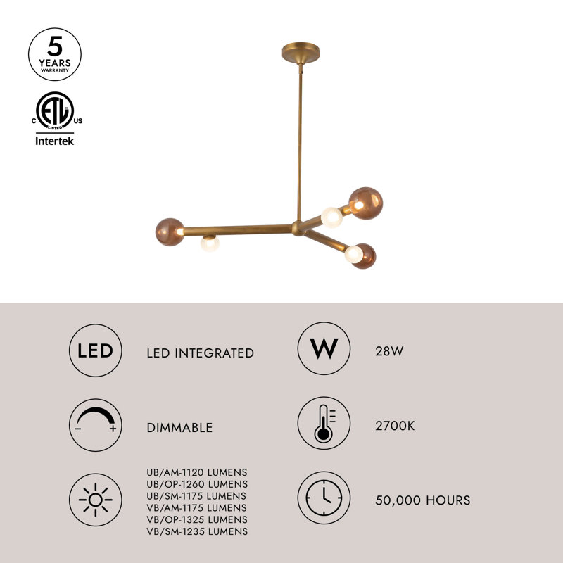 Reese 41-in Urban Bronze Dimmable LED Chandelier with Amber Glass, Vintage Brass/Opal Glass