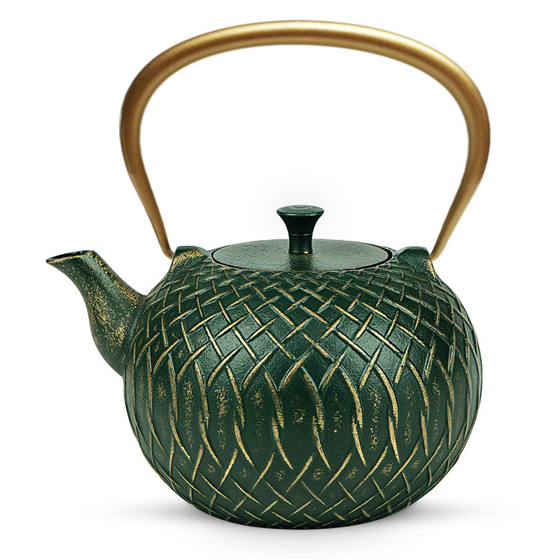 Dark Green Cast Iron Tea Kettle with Gold Handle, 34 Ounce