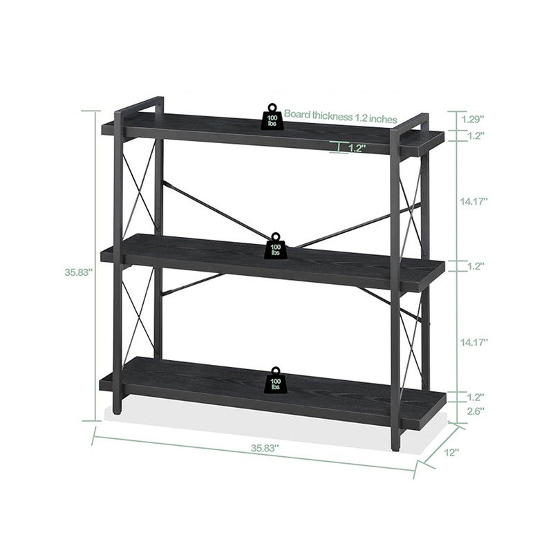 Black 3-Tier Adjustable Industrial Bookcase with Metal Frame