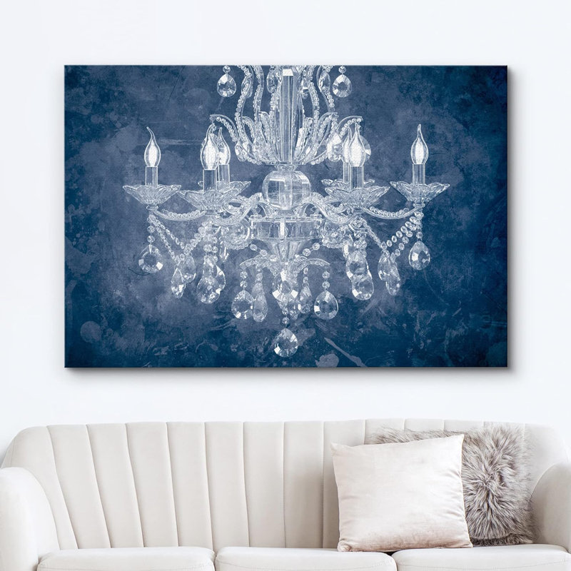 Navy Blue and White Crystal Chandelier Geometric Canvas Wall Art