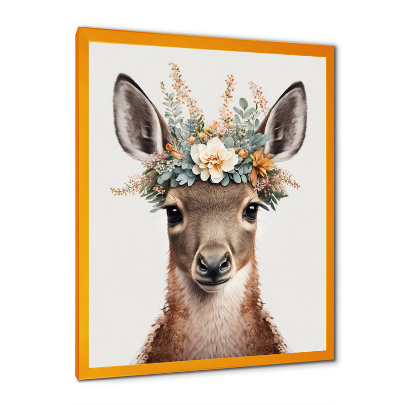 Mignon bébé kangourou avec couronne florale - impression sur toile tendue, H 20 po x l 12 po x P 1 po