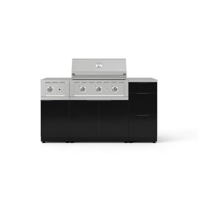 Ensemble d'armoires d'extérieur en aluminium noir 6 pièces avec 3 tiroirs, armoire de barbecue, barbecue au propane liquide 33 po, brûleur latéral et comptoir en acier inoxydable de 16 po