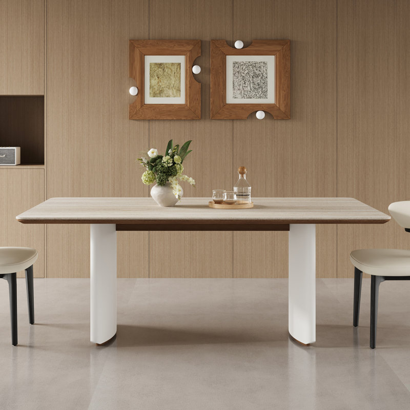 70.8" Modern White Stone Dining Table, Double-Layer Top with Dual Bases, Seats 6–8