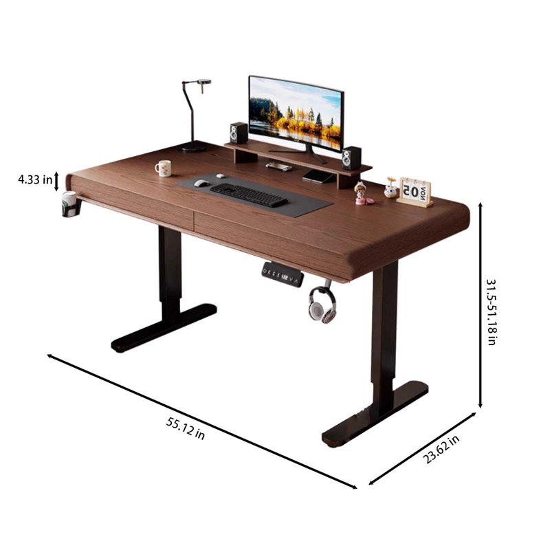 Walnut colored solid wood height-adjustable table, 31.5" H x 55.12" W x 23.62" D