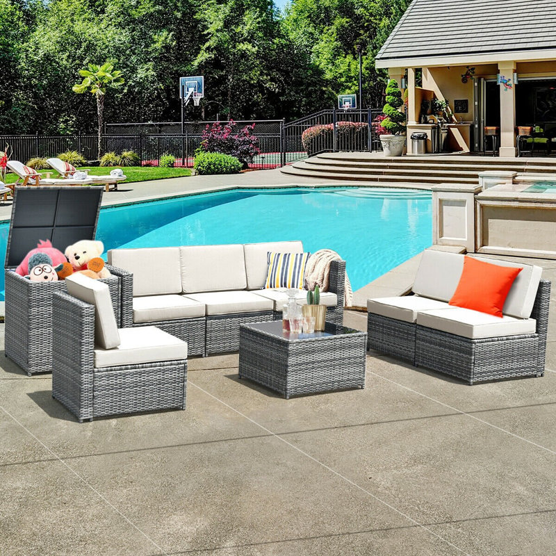 Ensemble de conversation modulaire en rotin avec coussins 8 pièces Burand, Blanc