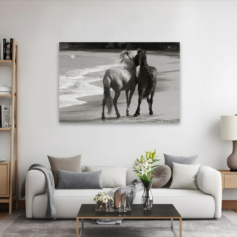 Jeunes Mustangs sur la plage - Photographie, animaux, plages, chevaux, art, H 40 po x l 60 po