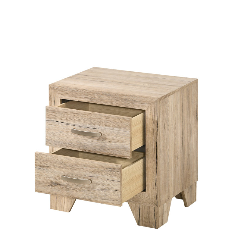 Table de chevet contemporaine 2 en bois avec finition naturelle et poignées en métal