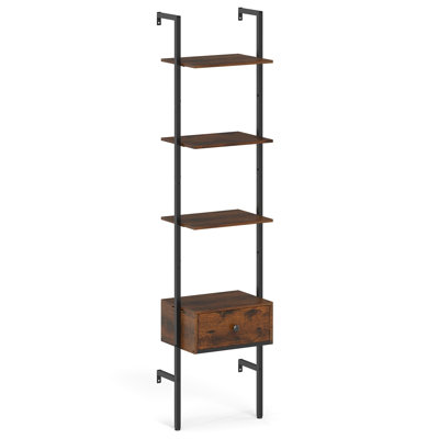 Étagère échelle à 5 niveaux avec tiroir, style industriel, idéale pour le bureau, le salon ou la chambre, couleur brun rustique.