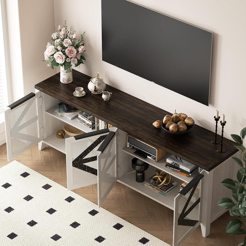 Meuble télé 70 po avec 4 portes et console multimédia industrielle pour téléviseur de 75 po ou moins, Brun / blanc