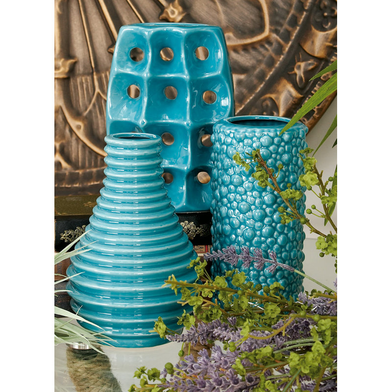Modern Blue Ceramic Trio Vase Set with Textured Embellishments