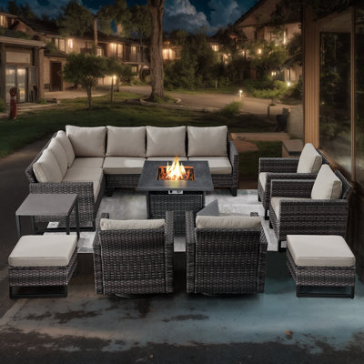 Ensemble de mobilier de patio extérieur avec table de foyer, ensemble de conversation en osier, canapé en forme de L avec chaises de patio et repose-pieds, canapé d'extérieur très profond