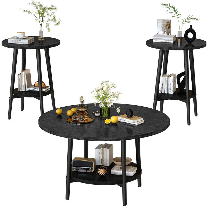 Ensemble de tables basses rondes 3 pièces, ensemble de table de salon moderne avec tablette de rangement, 1 table basse et 2 tables d'appoint, pieds en métal stables, facile à assembler pour la maison