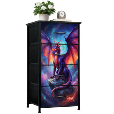 Dresser for Bedroom with 4 Storage Drawers Majestic Cosmic Dragon Glowing Eyes Galaxy Magical Fantasy Dressers Chest of Drawers Steel Framed Fabric Closet Organizers for Dorm Entryway