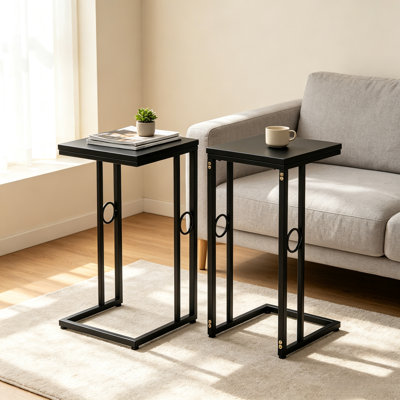 28.5" H C-Shaped Side Table Set of 2, 13.5" Square Black MDF Metal End Table, Slide Under Sofa Bed Space-Saving Accent Table for Living Room Bedroom