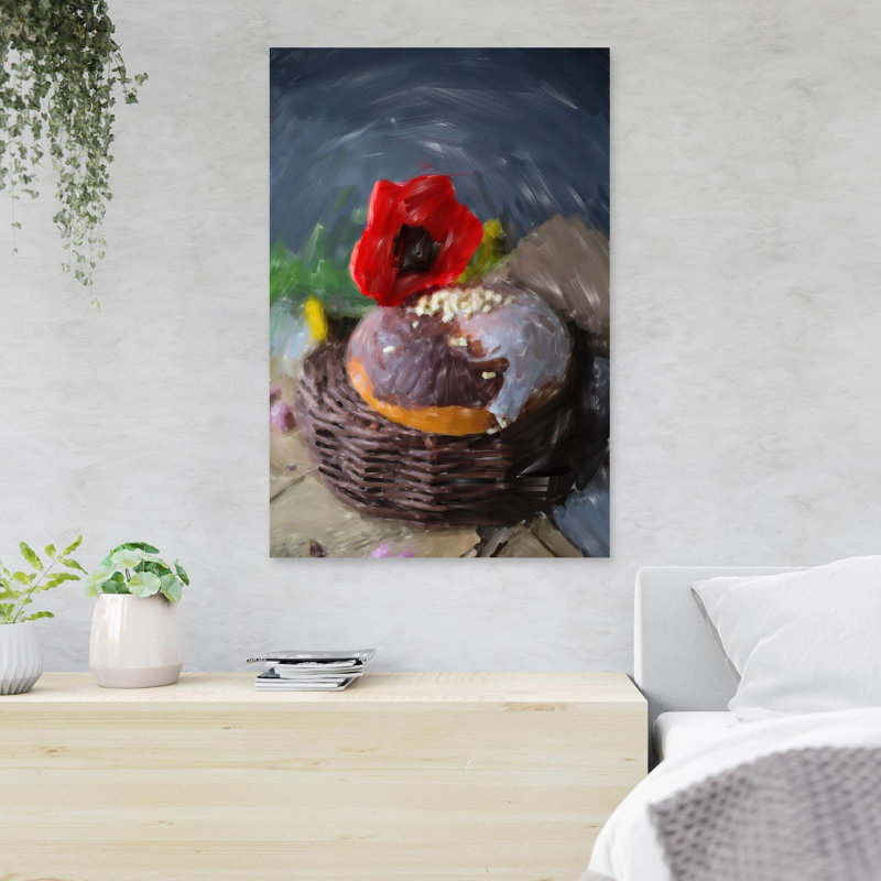 Chocolate Cake With Red Rose On Top - 1 Piece Rectangle Graphic Art Print On Wrapped Canvas, 14" H x 11" W