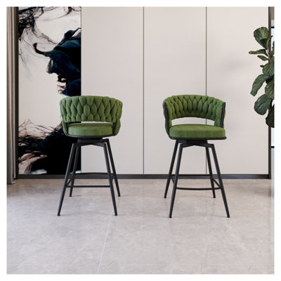 26" Swivel Bar Stools Set of 2 with Back - Green Linen Upholstered Counter Height Chairs, Modern Kitchen Island Seating with Footrest