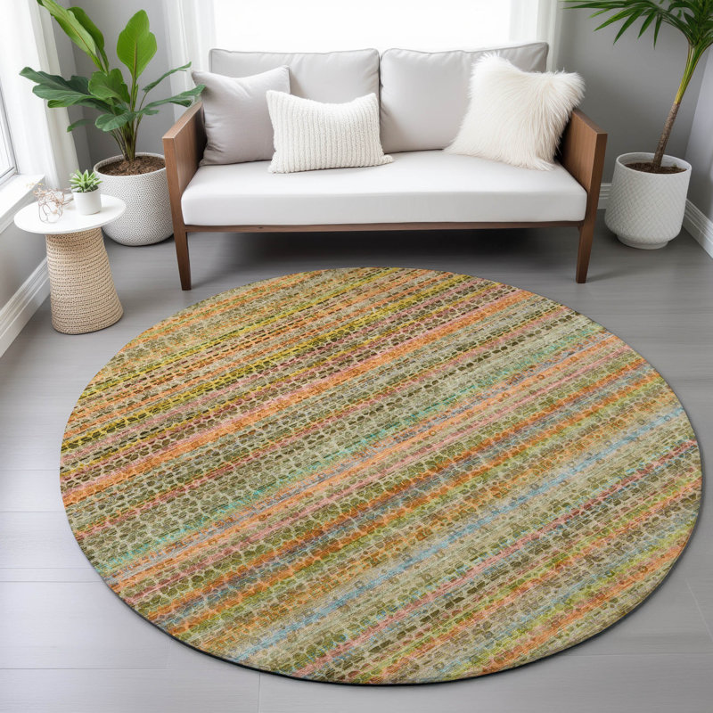 Machine Washable Indoor/Outdoor Oden ACN2155 Striped Rug, Round 8'