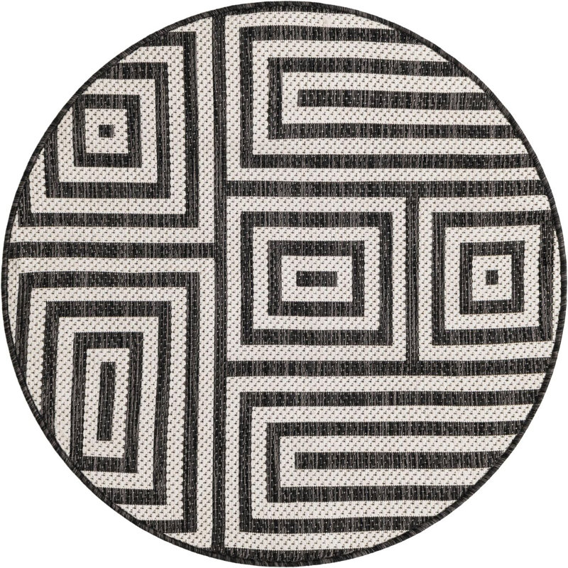Contemporary Bello Area Rug Black and White Color, Round 3'1"