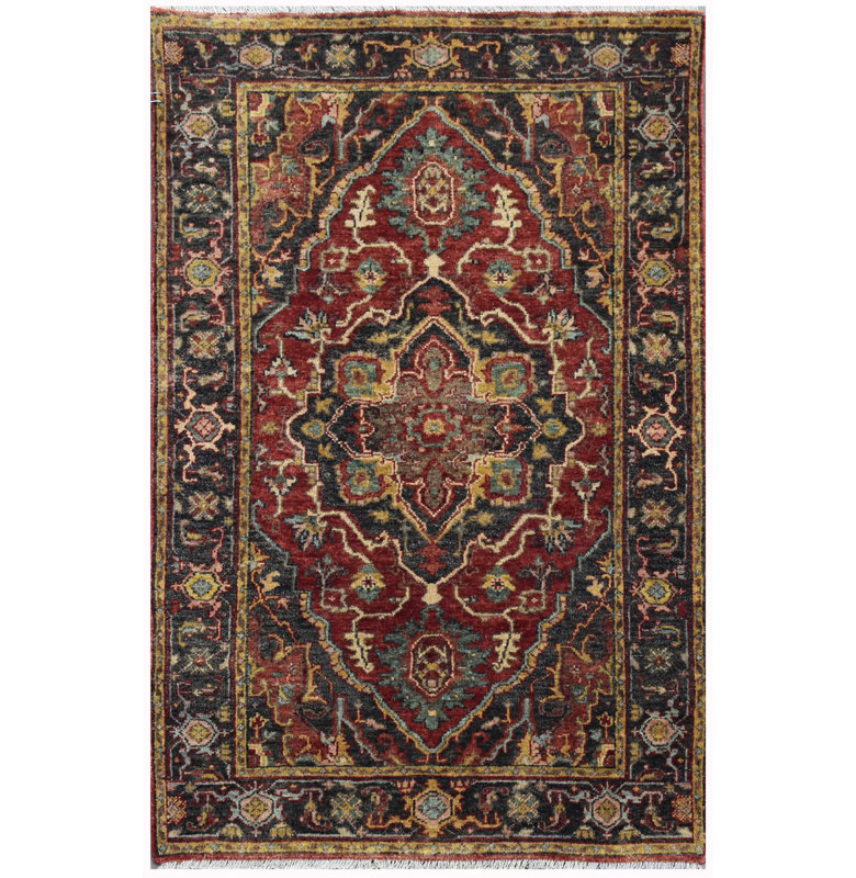 Hand-Knotted High-Quality Charcoal and Red Area Rug, Rectangle 2'7" x 4'3"