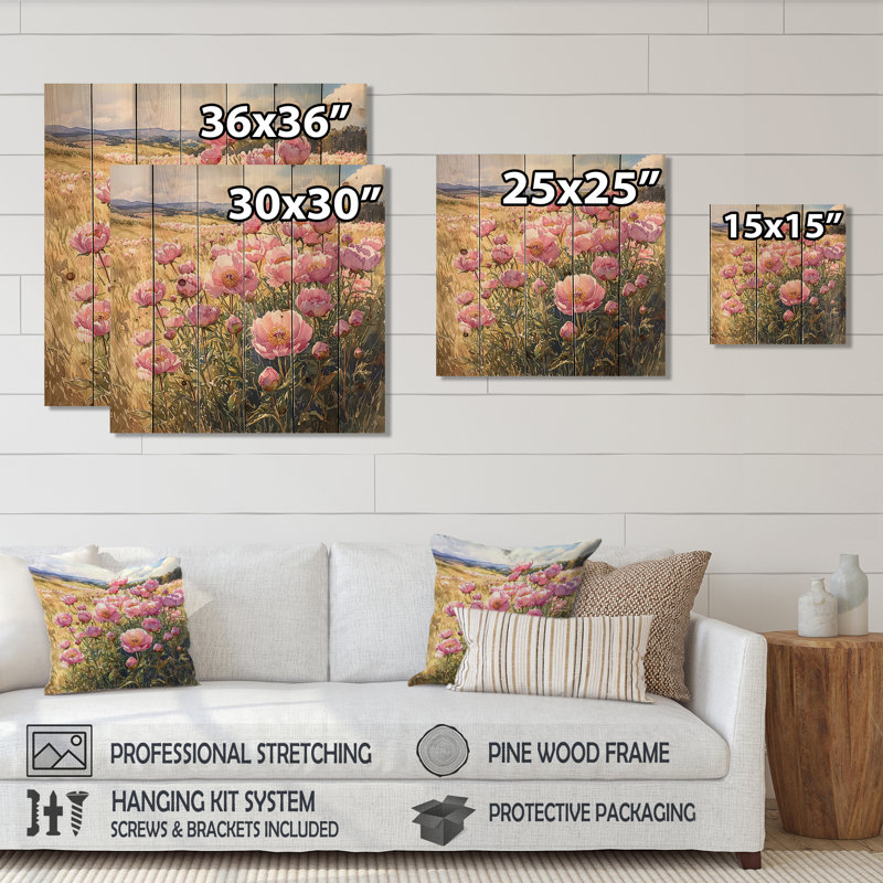 Pivoines dans un champ ensoleillé III - impression de pivoines sur bois de pin naturel, H 15 po x l 15 po x P 0,78 po