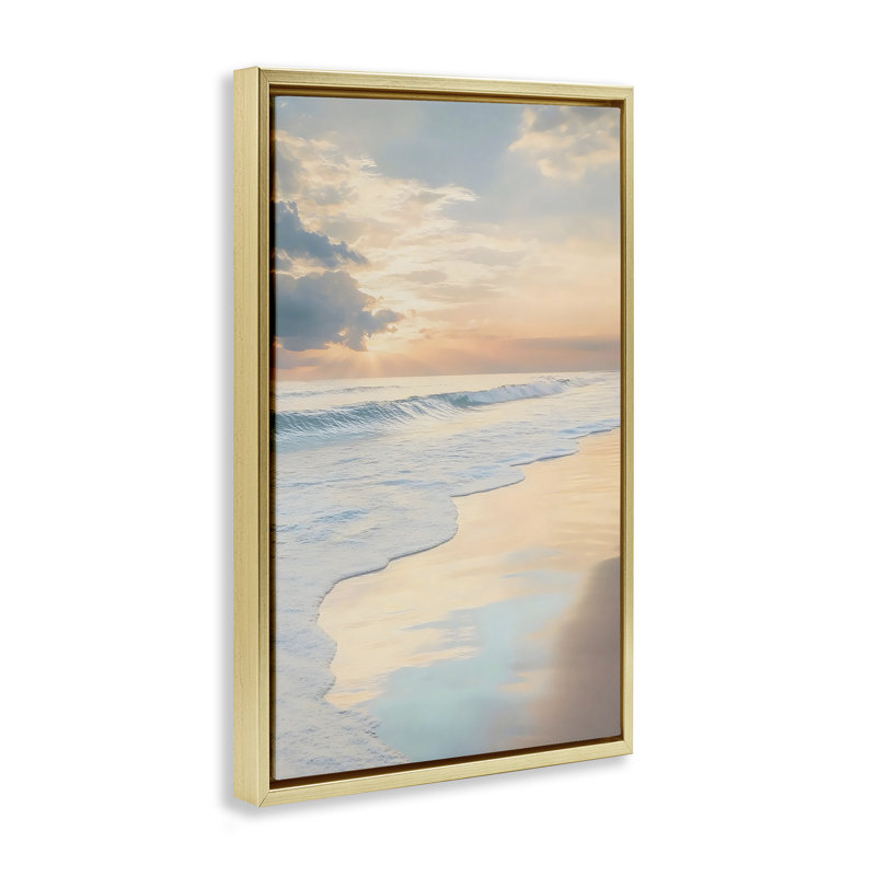 «Tranquil Beach with Sunset Reflection Floater», art mural par LSR Creative Studio, H 31 po x l 21 po